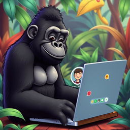 A playful scene of a gorilla engaging in a video call on WhatsApp, sitting in front of a laptop with a colorful jungle background