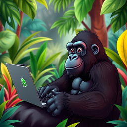 A playful scene of a gorilla engaging in a video call on WhatsApp, sitting in front of a laptop with a colorful jungle background
