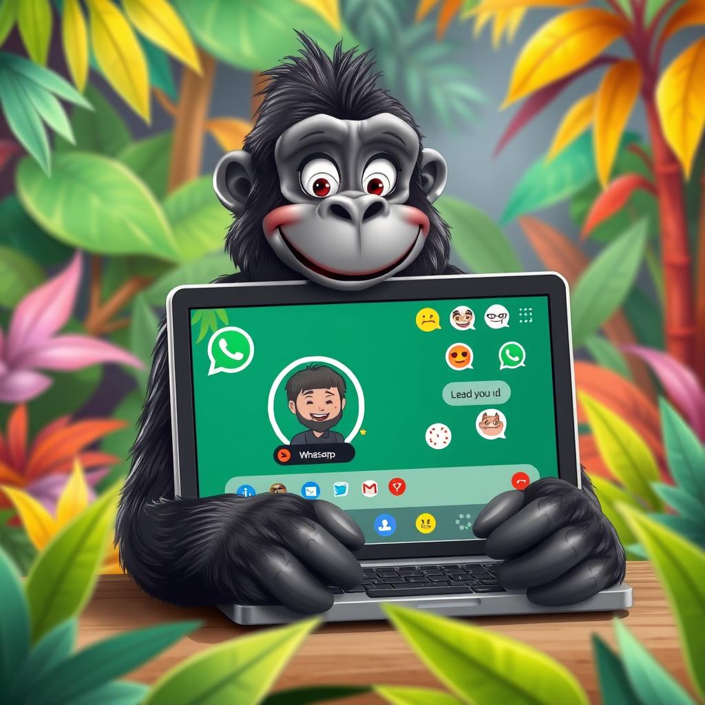 A playful scene of a gorilla engaging in a video call on WhatsApp, sitting in front of a laptop with a colorful jungle background