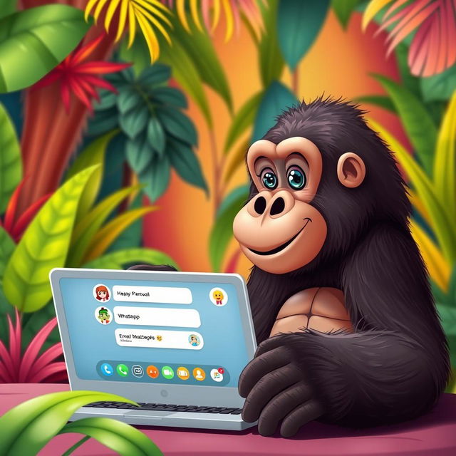 A playful scene of a gorilla engaging in a video call on WhatsApp, sitting in front of a laptop with a colorful jungle background