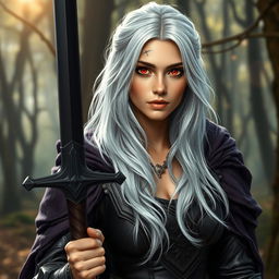 A beautiful woman character from a fantasy setting, around 30 years old, with striking white silver hair cascading down her shoulders and vivid red eyes that convey a sense of mystery and strength