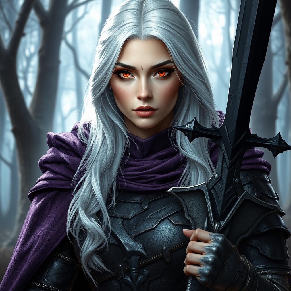 A beautiful woman character from a fantasy setting, around 30 years old, with striking white silver hair cascading down her shoulders and vivid red eyes that convey a sense of mystery and strength