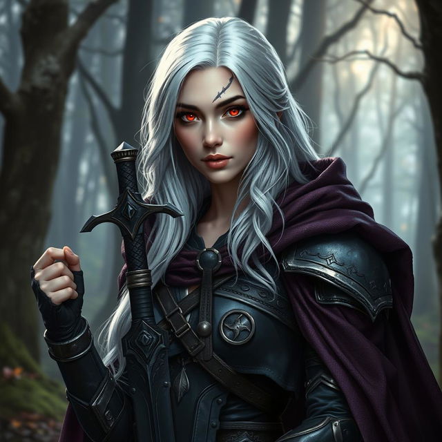 A beautiful woman character from a fantasy setting, around 30 years old, with striking white silver hair cascading down her shoulders and vivid red eyes that convey a sense of mystery and strength