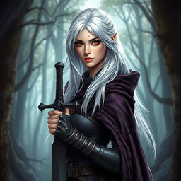 A beautiful woman character from a fantasy setting, around 30 years old, with striking white silver hair cascading down her shoulders and vivid red eyes that convey a sense of mystery and strength