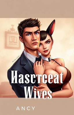 A book cover featuring a young man with a serious expression, dressed in a modern formal suit, embracing a cat-eared waitress with an ample bosom