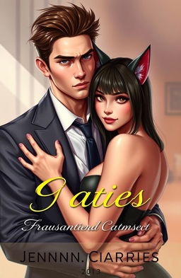 A book cover featuring a young man with a serious expression, dressed in a modern formal suit, embracing a cat-eared waitress with an ample bosom