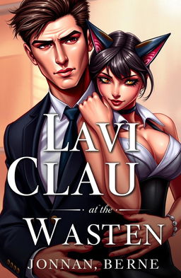 A book cover featuring a young man with a serious expression, dressed in a modern formal suit, embracing a cat-eared waitress with an ample bosom