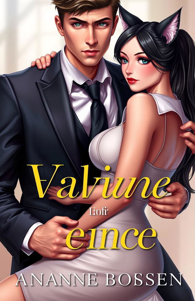 A book cover featuring a young man with a serious expression, dressed in a modern formal suit, embracing a cat-eared waitress with an ample bosom