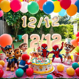 An exciting and lively birthday party scene for a 4-year-old boy named Lucho, celebrating in a spacious garden