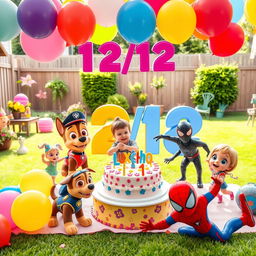 An exciting and lively birthday party scene for a 4-year-old boy named Lucho, celebrating in a spacious garden