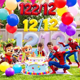 An exciting and lively birthday party scene for a 4-year-old boy named Lucho, celebrating in a spacious garden