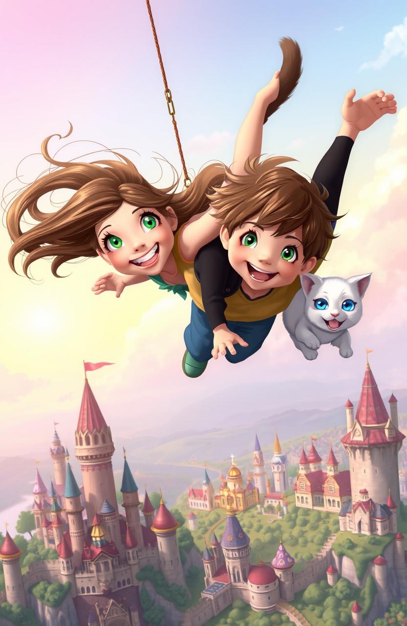 A whimsical scene depicting a girl and a boy falling in the air above a fantastical landscape filled with elaborate kingdoms