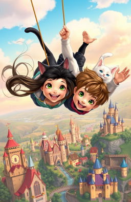 A whimsical scene depicting a girl and a boy falling in the air above a fantastical landscape filled with elaborate kingdoms