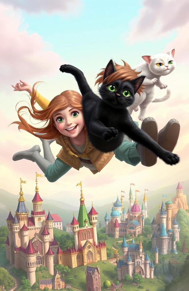 A whimsical scene depicting a girl and a boy falling in the air above a fantastical landscape filled with elaborate kingdoms