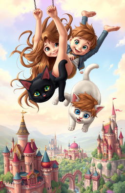 A whimsical scene depicting a girl and a boy falling in the air above a fantastical landscape filled with elaborate kingdoms