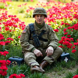 A soldier dressed in a three-color camouflage combat uniform featuring shades of green, brown, and beige, sitting in a picturesque garden filled with vibrant red geraniums and short green grass