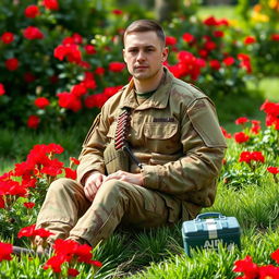 A soldier dressed in a three-color camouflage combat uniform featuring shades of green, brown, and beige, sitting in a picturesque garden filled with vibrant red geraniums and short green grass