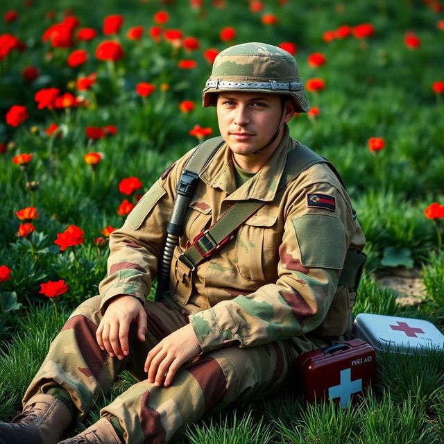A soldier dressed in a three-color camouflage combat uniform featuring shades of green, brown, and beige, sitting in a picturesque garden filled with vibrant red geraniums and short green grass