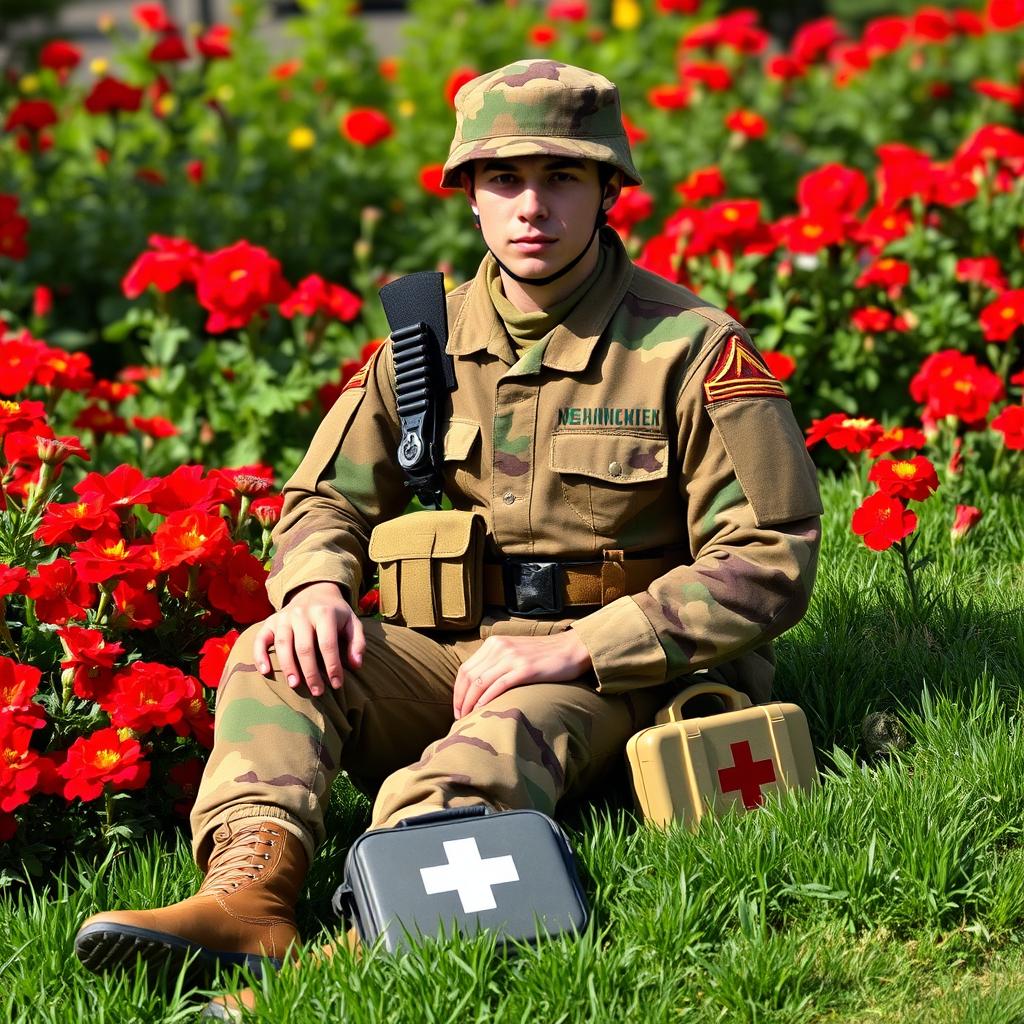 A soldier dressed in a three-color camouflage combat uniform featuring shades of green, brown, and beige, sitting in a picturesque garden filled with vibrant red geraniums and short green grass