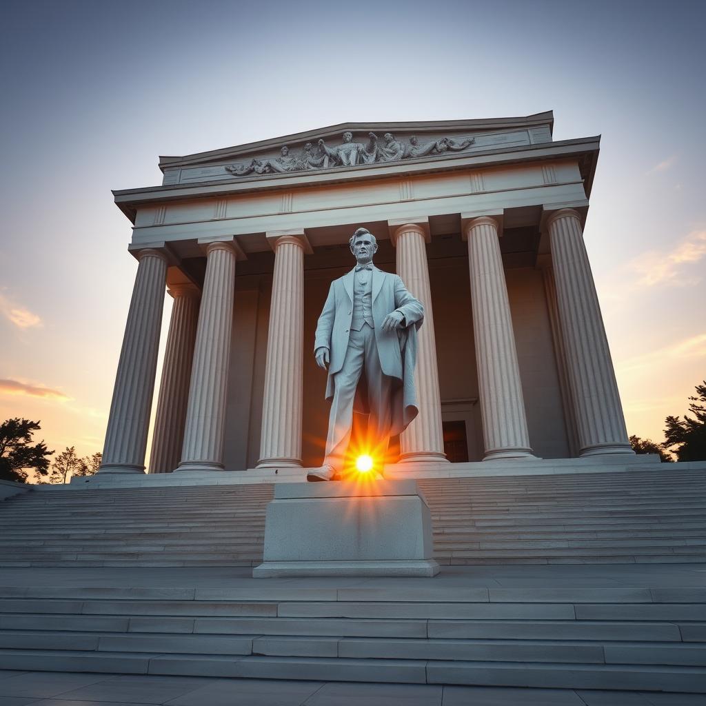 An imaginative scene showing a statue of Abraham Lincoln standing tall in the Lincoln Memorial, surrounded by the grandeur of the structure with its iconic columns and steps