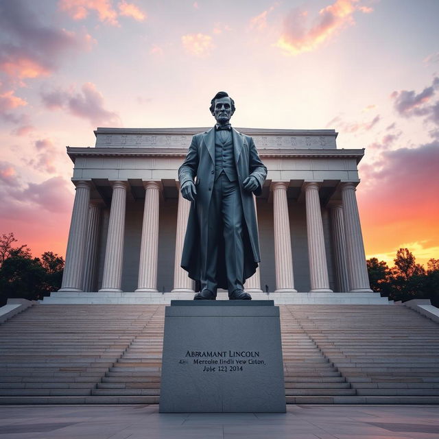 An imaginative scene showing a statue of Abraham Lincoln standing tall in the Lincoln Memorial, surrounded by the grandeur of the structure with its iconic columns and steps