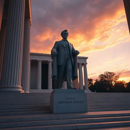 An imaginative scene showing a statue of Abraham Lincoln standing tall in the Lincoln Memorial, surrounded by the grandeur of the structure with its iconic columns and steps