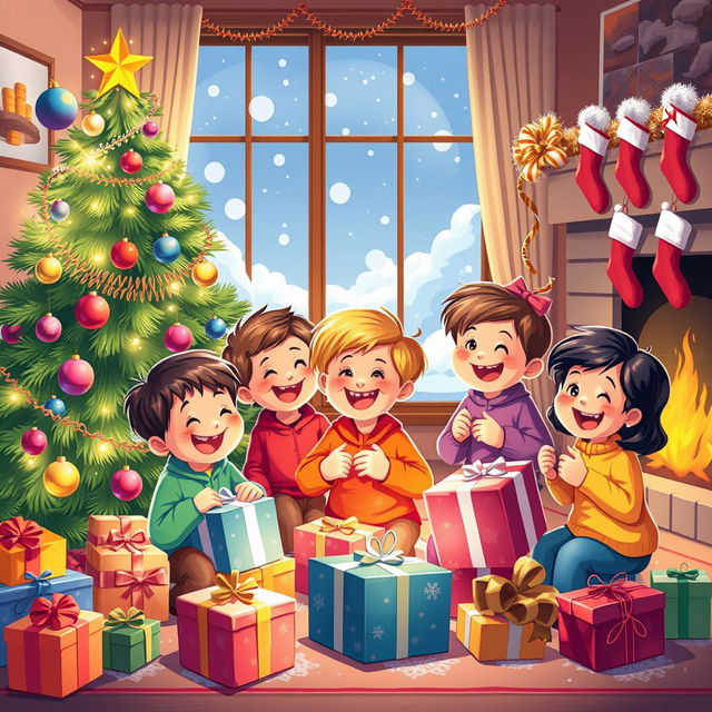 A joyful and colorful illustration of children happily opening presents and decorating a Christmas tree