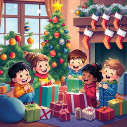 A joyful and colorful illustration of children happily opening presents and decorating a Christmas tree