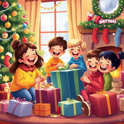 A joyful and colorful illustration of children happily opening presents and decorating a Christmas tree