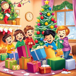 A joyful and colorful illustration of children happily opening presents and decorating a Christmas tree