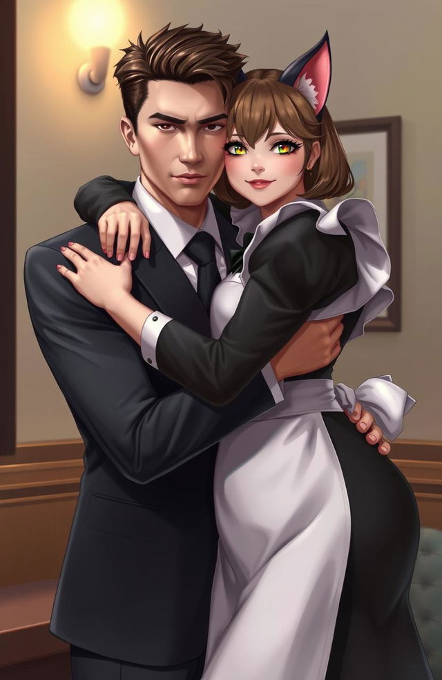 A young serious-looking man dressed in a modern formal suit is hugging a cat-eared female maid with a voluptuous figure