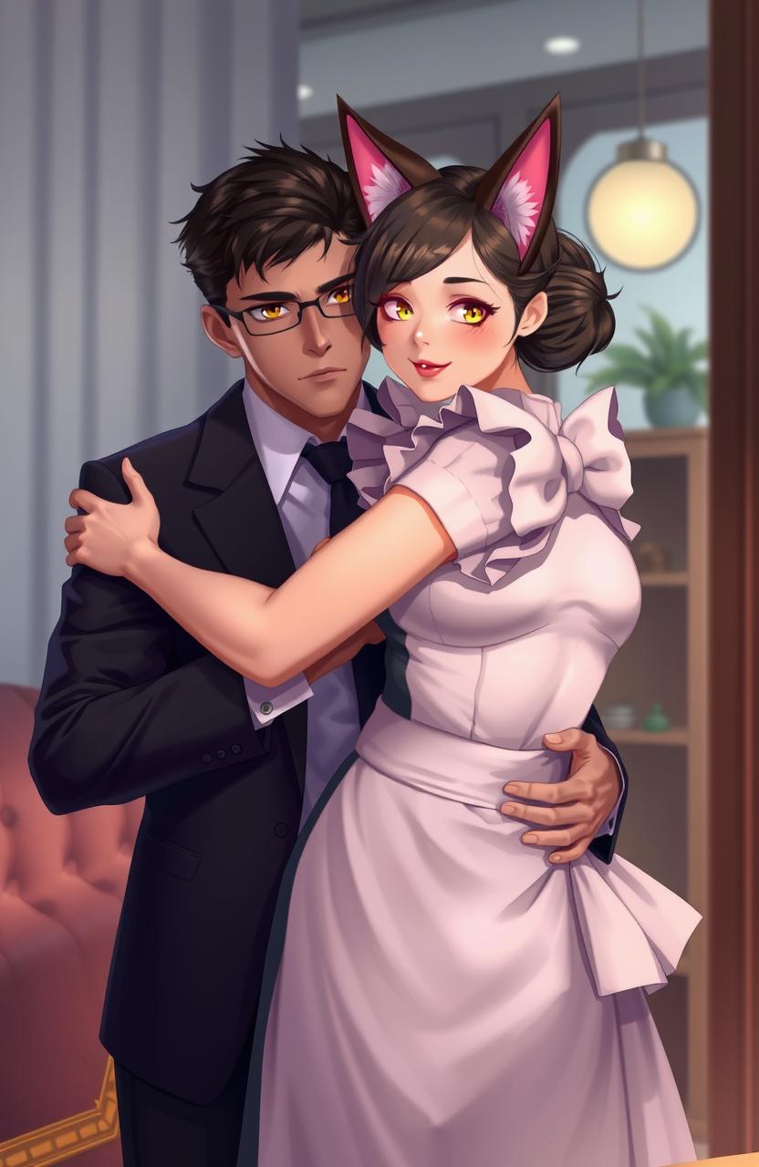 A young serious-looking man dressed in a modern formal suit is hugging a cat-eared female maid with a voluptuous figure