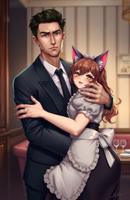 A young serious-looking man dressed in a modern formal suit is hugging a cat-eared female maid with a voluptuous figure