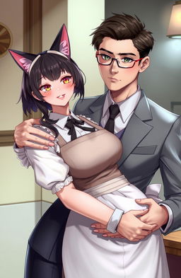 A young serious-looking man dressed in a modern formal suit is hugging a cat-eared female maid with a voluptuous figure