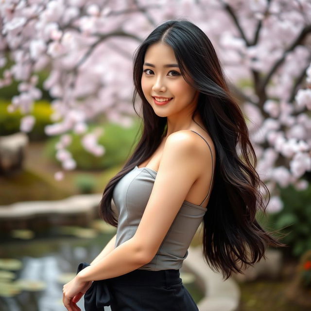 A beautiful Japanese woman with an hourglass figure, showcasing her curves in a stylish outfit