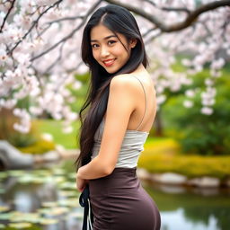 A beautiful Japanese woman with an hourglass figure, showcasing her curves in a stylish outfit