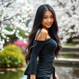 A beautiful Japanese woman with an hourglass figure, showcasing her curves in a stylish outfit