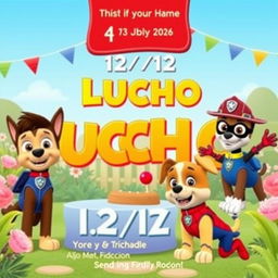 A charming birthday invitation image for a 4-year-old boy named Lucho, showcasing a lively garden party scene