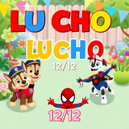 A charming birthday invitation image for a 4-year-old boy named Lucho, showcasing a lively garden party scene