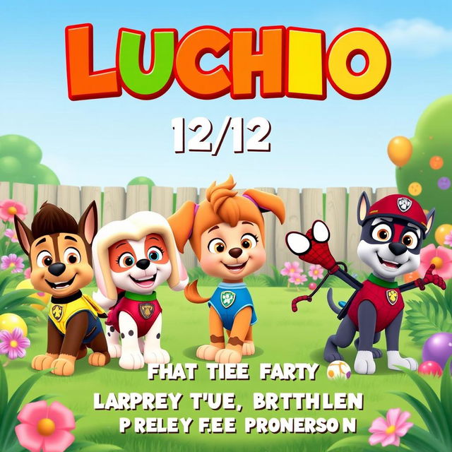 A charming birthday invitation image for a 4-year-old boy named Lucho, showcasing a lively garden party scene