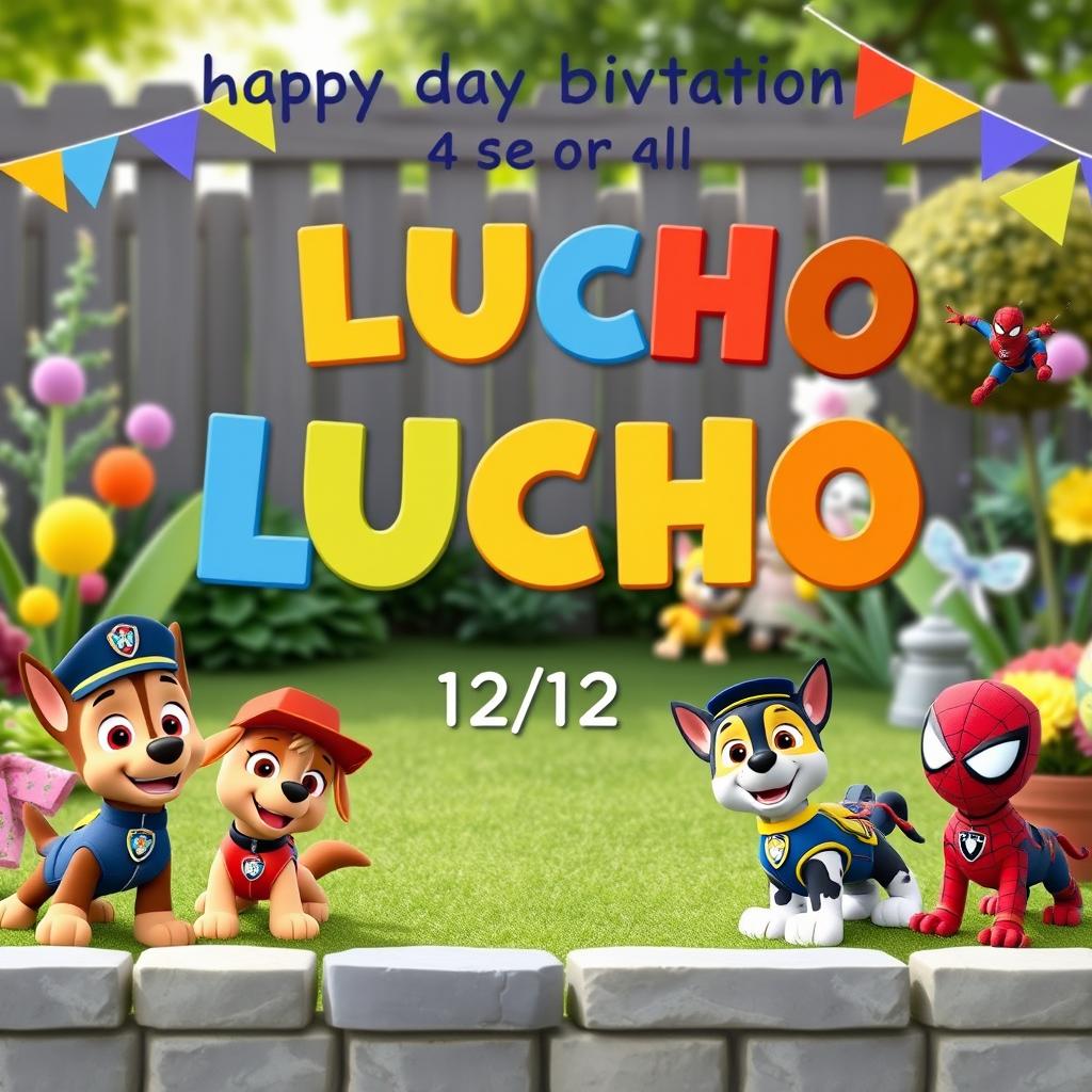 A charming birthday invitation image for a 4-year-old boy named Lucho, showcasing a lively garden party scene