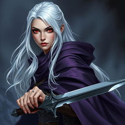 A stunning illustration of a beautiful woman around 30 years old, with striking white silver hair cascading down her shoulders and glowing red eyes