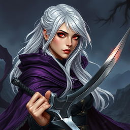 A stunning illustration of a beautiful woman around 30 years old, with striking white silver hair cascading down her shoulders and glowing red eyes