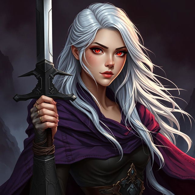 A stunning illustration of a beautiful woman around 30 years old, with striking white silver hair cascading down her shoulders and glowing red eyes