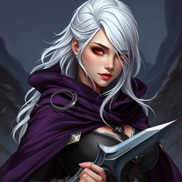 A stunning illustration of a beautiful woman around 30 years old, with striking white silver hair cascading down her shoulders and glowing red eyes