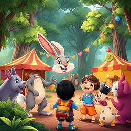 A magical forest scene featuring a cheerful, cartoonish rabbit meeting a group of young children, led by a boy named Rahul