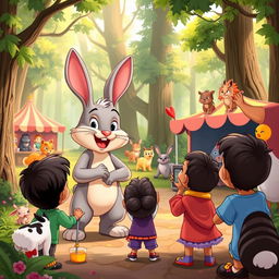 A magical forest scene featuring a cheerful, cartoonish rabbit meeting a group of young children, led by a boy named Rahul