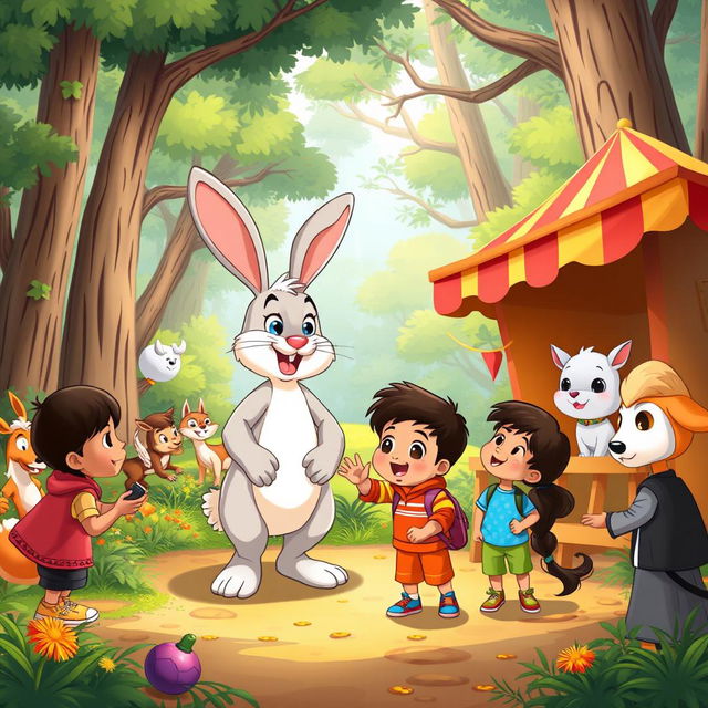 A magical forest scene featuring a cheerful, cartoonish rabbit meeting a group of young children, led by a boy named Rahul