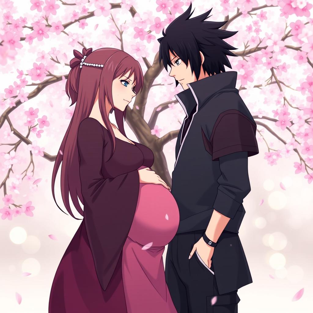 A serene and intimate scene depicting Sakura Haruno and Sasuke Uchiha from Naruto, both in a beautiful embrace