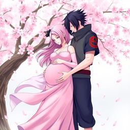 A serene and intimate scene depicting Sakura Haruno and Sasuke Uchiha from Naruto, both in a beautiful embrace